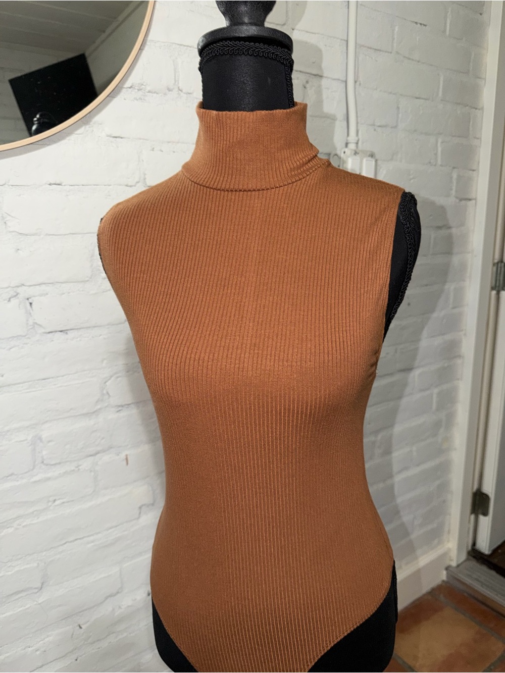 Reformation Sleeveless Turtleneck Ribbed Sweater - Cognac Brown